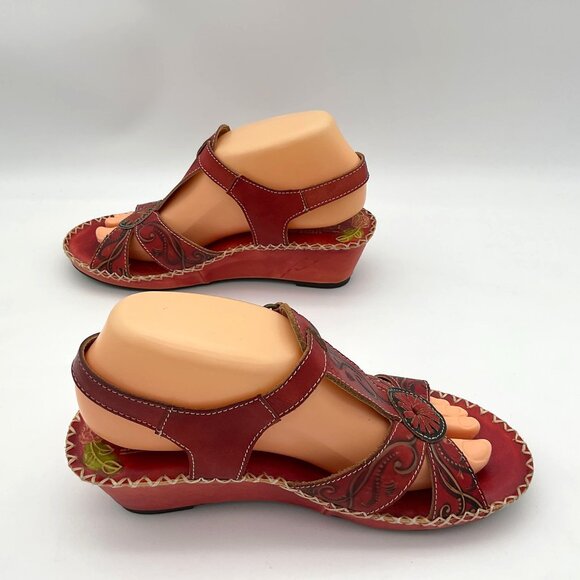 Spring Step L'ARTISTE Dinora Red Floral Wedge Stitched Imprinted Sandal  39/8.5 - Picture 3 of 11